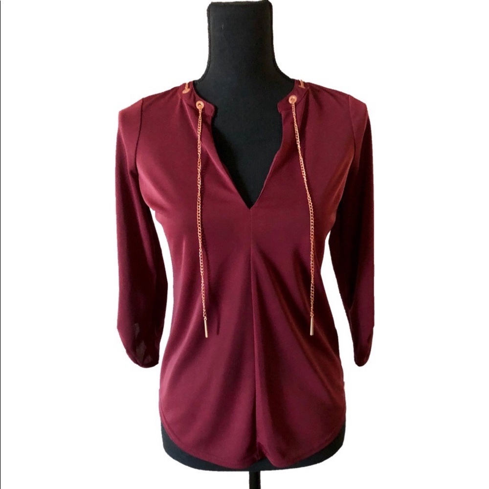 Guess Burgundy Long Sleeve Sheer Blouse
